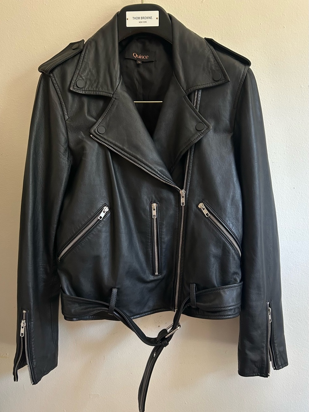 Quince Women's Black Leather Motorcycle Jacket M Sheep Leather Belted 2025 Soft